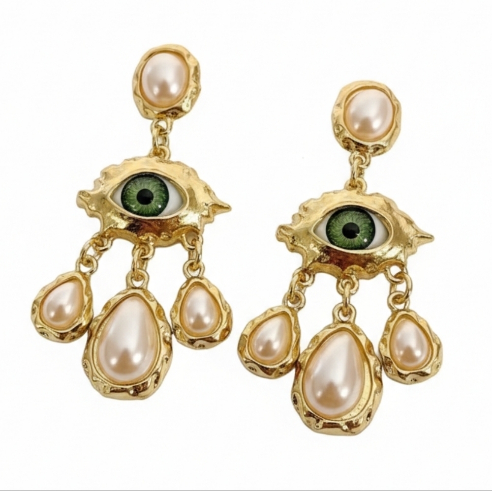 Schiaparelli Style Elegant Gold and Pearl Evil Eye Drop Earrings